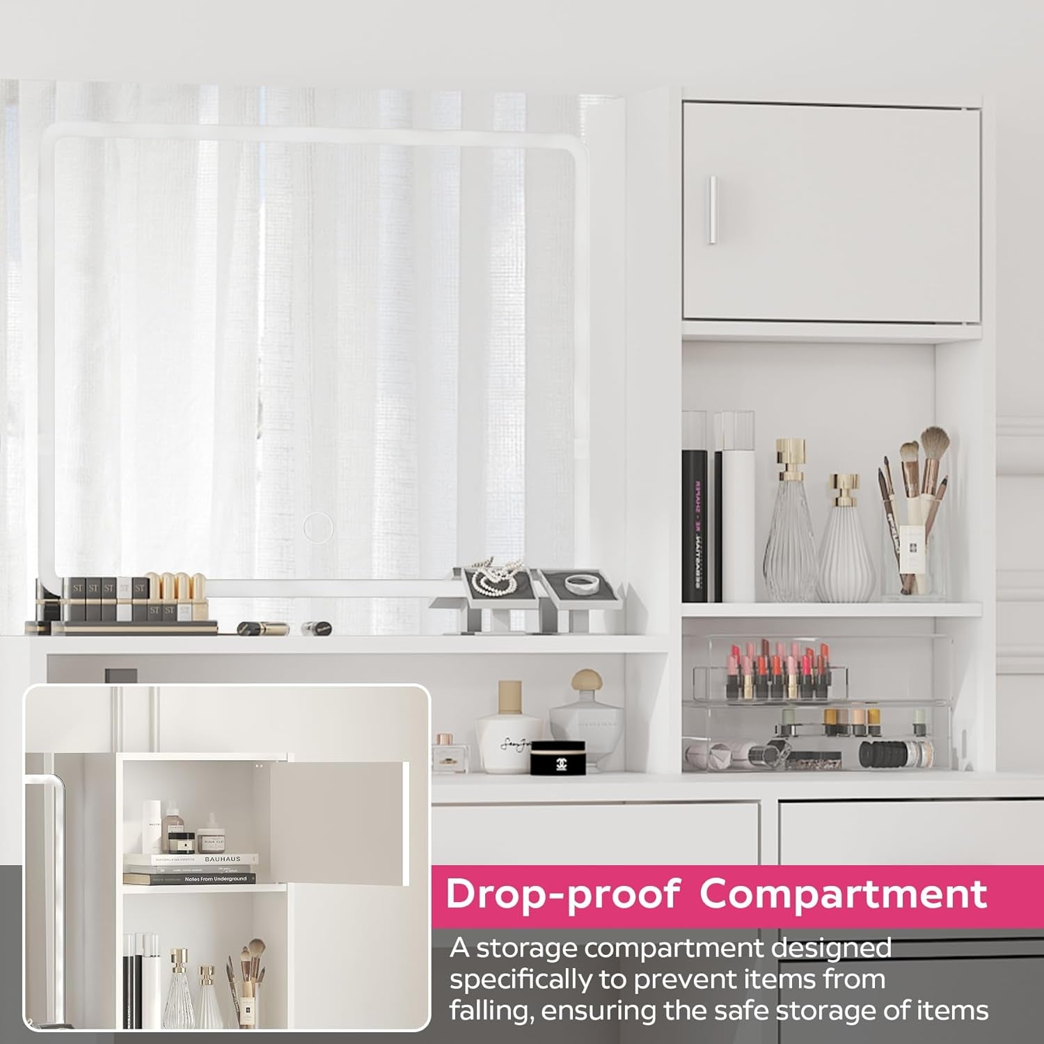 Vanity Desk with Mirror and LED Light Strip,Dressing Table with Large Drawer, 3 Level Storage Dresser & 3 Lighting Modes Adjustable Brightness, Suitable for Bedroom