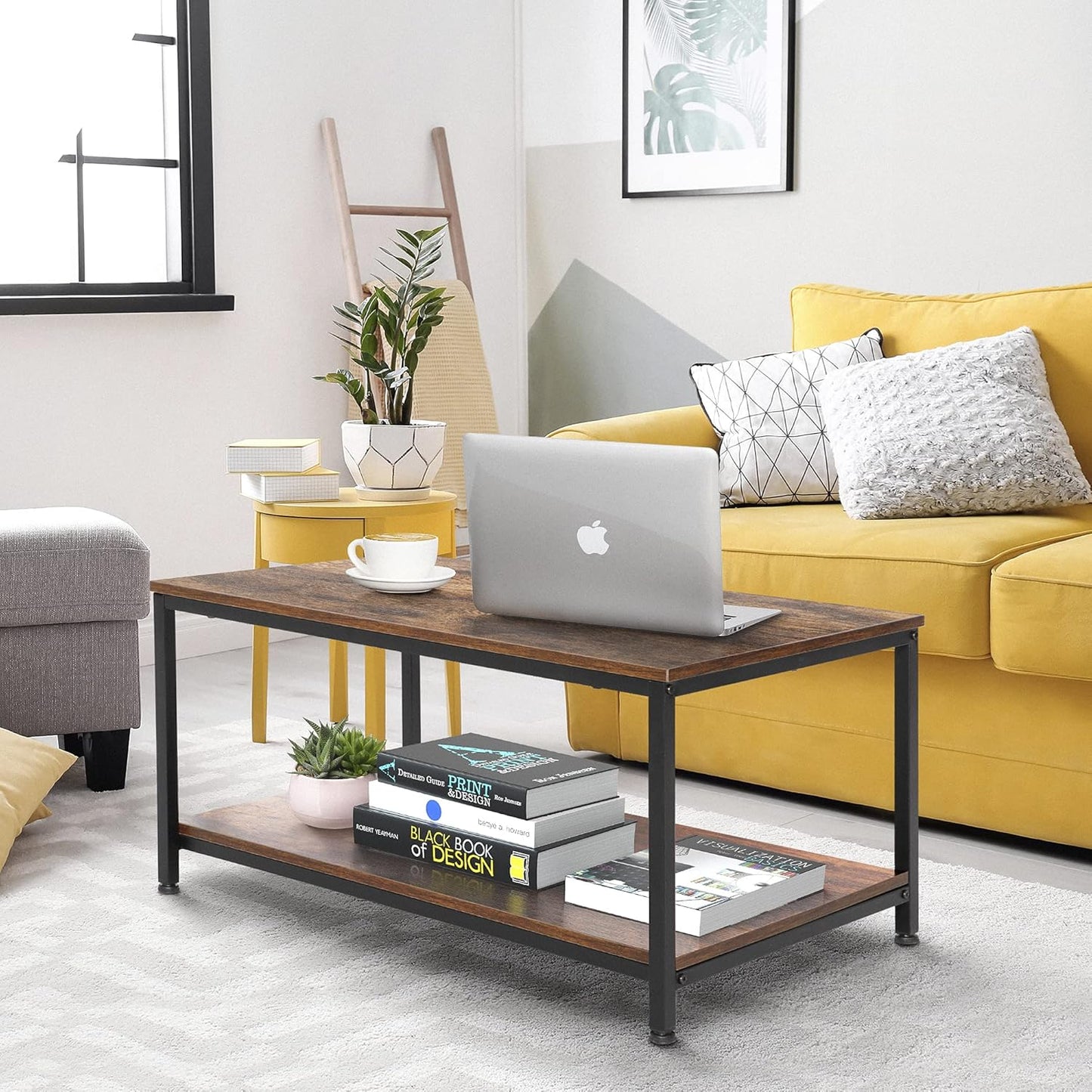 2-Tier Industrial Coffee Table with Storage Shelf for Small Apartment Living Room, Rectangle Wood and Stable Metal TV Stand Side End Table, Rustic Brown