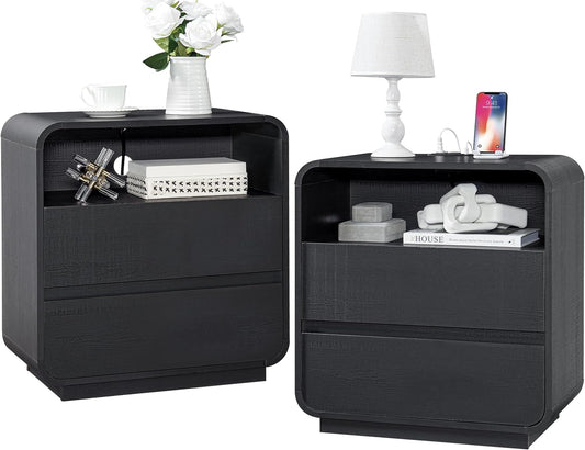 Black Nightstand Set of 2 with Charging Station, 25" Tall Wood Bedside Table, Modern End Table with 2 Storage Drawers, Curved Profile, Handleless, Mid Century Night Stand for Bedroom