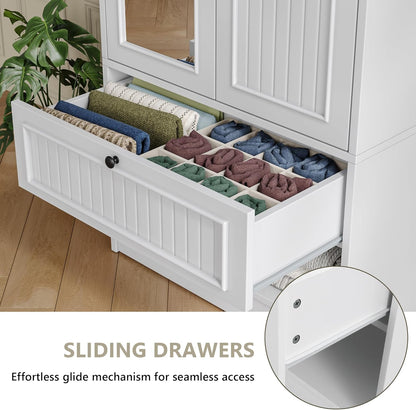 70" Armoire Wardrobe Closet with Doors & Mirror,Wooden Wardrobe with Drawers and 3 Side Hooks,Large Freestanding Bedroom Storage Wardrobe Cabinet,White