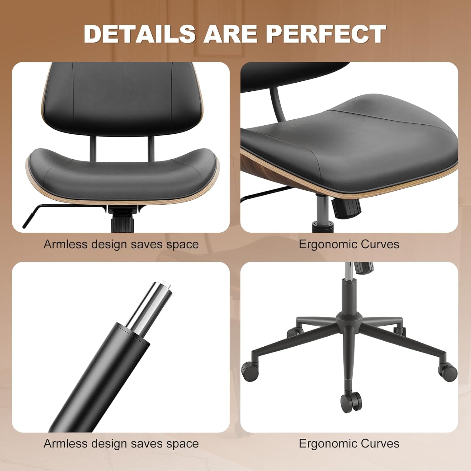 Armless Office Chair with Wheels, PU Leather Adjustable Height Desk Chair - 360° Swivel Ergonomic Computer Chair for Small Space, Modern Walnut Style, Home & Meeting Room, Black