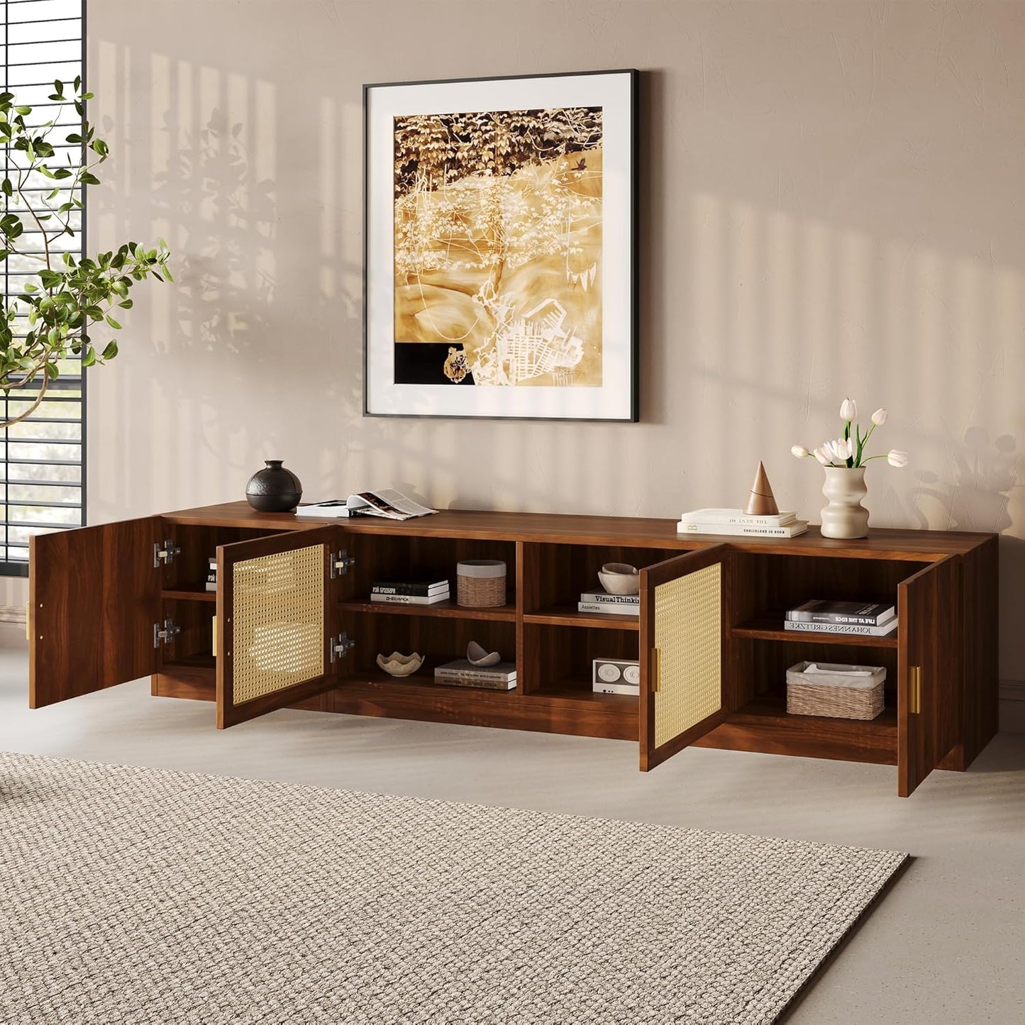 Mid-Century Modern TV Stand with Fluted & Rattan Doors, 78" Media Console for Tvs up to 85", Rattan Entertainment Center with Storage & Adjustable Shelf, Cable Holes, Walnut