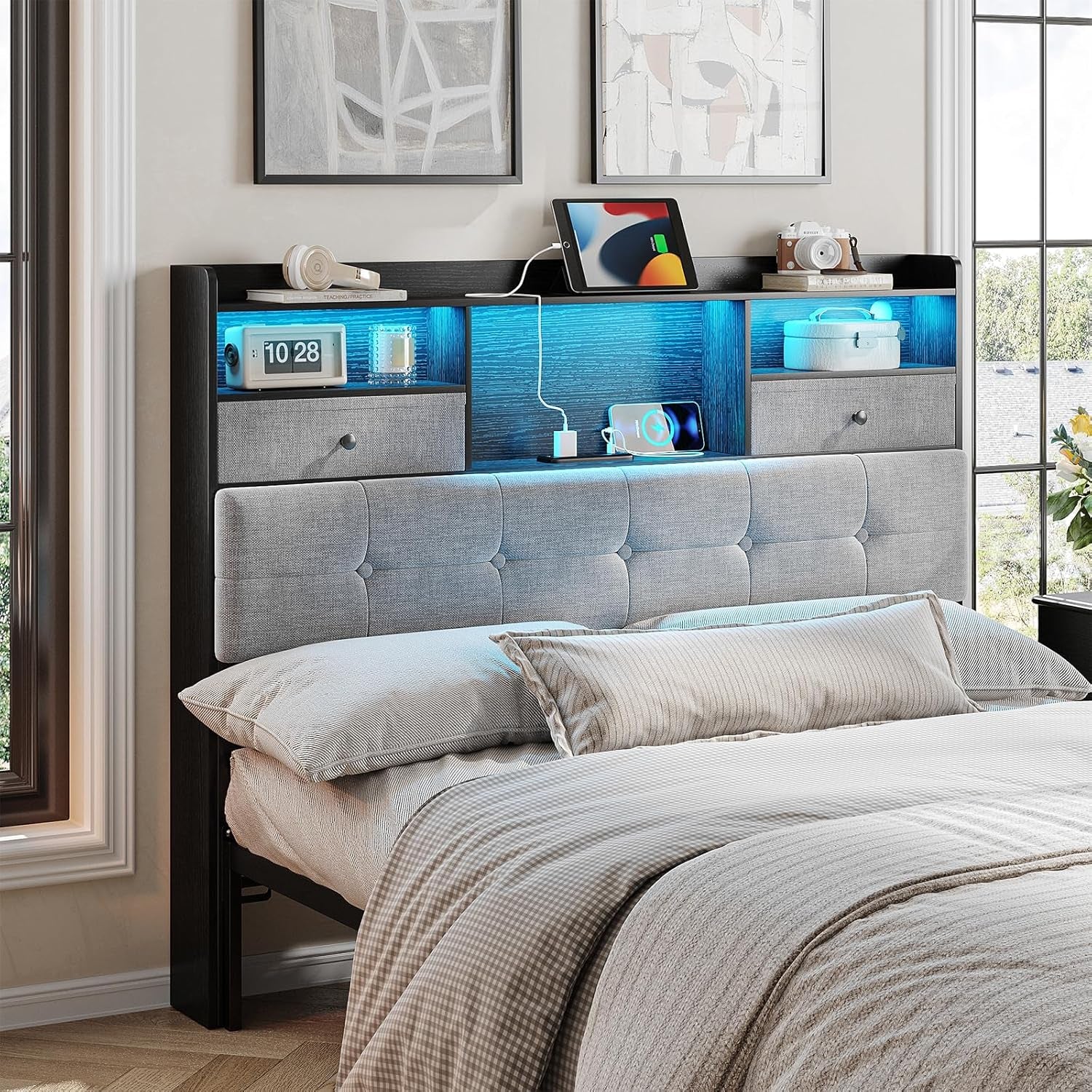 Headboard Queen Size with Storage, Queen Headboard Only with 2 Drawers, Charging Station and LED Lights, Upholstered Headboards Easy Assembly, Black&Grey