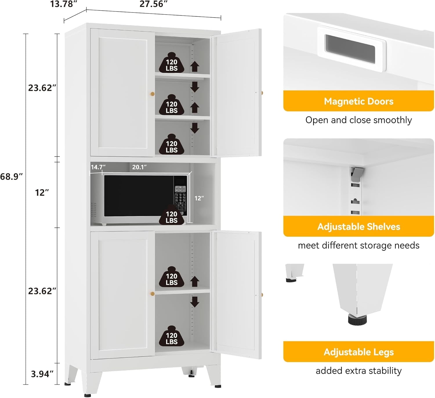 69" Tall Metal Pantry Cabinet with Microwave Shelf,Microwave Storage Cabinet with 4 Doors & 3 Adjustable Shelves,Metal Cabinet with Storage for Kitchen Dining Room Living Room(1Pc,White)