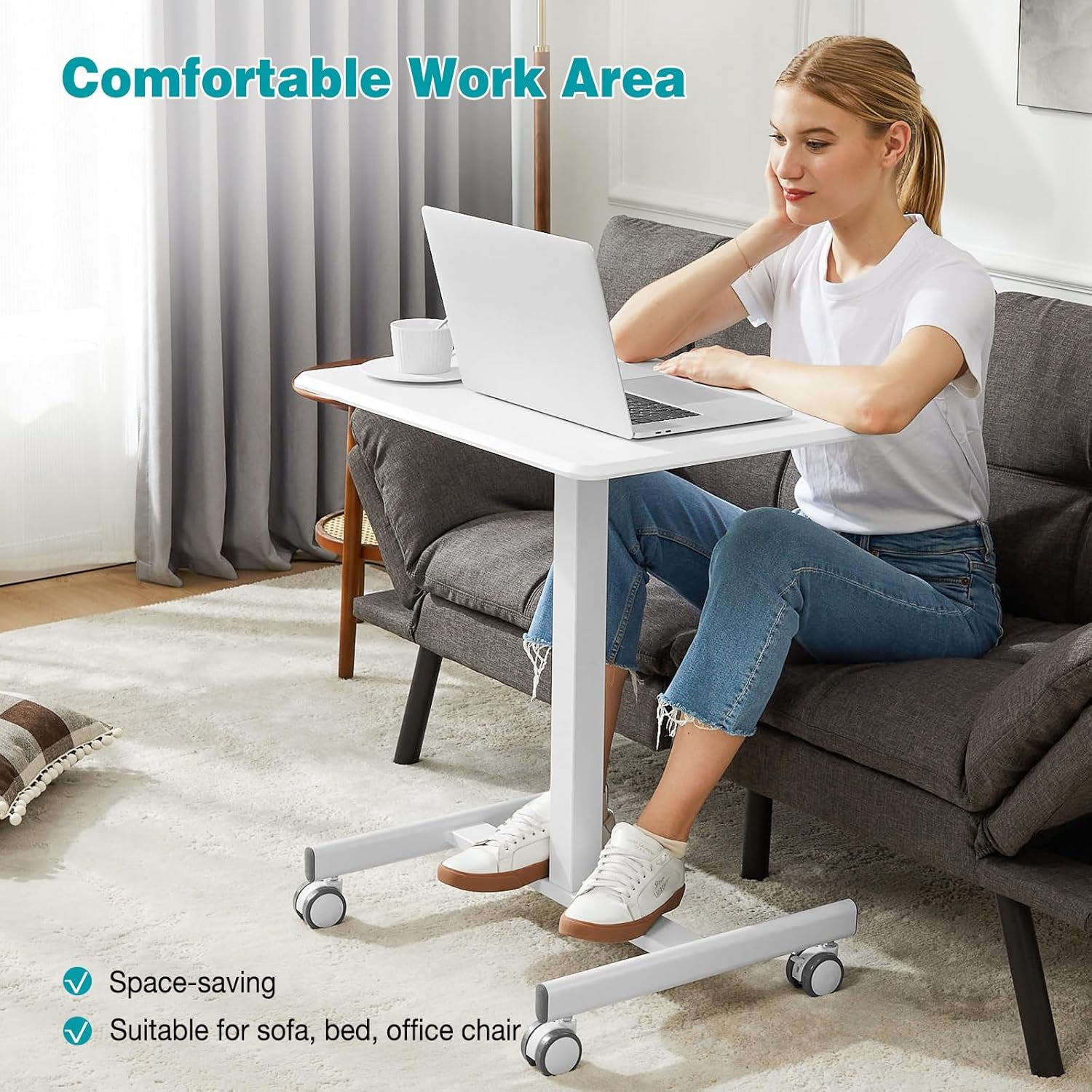 Small Standing Desk Mobile Portable Rolling Laptop PC Table on Wheels Adjustable Height Computer Workstation for Home Office, 19 Inch, Modern White