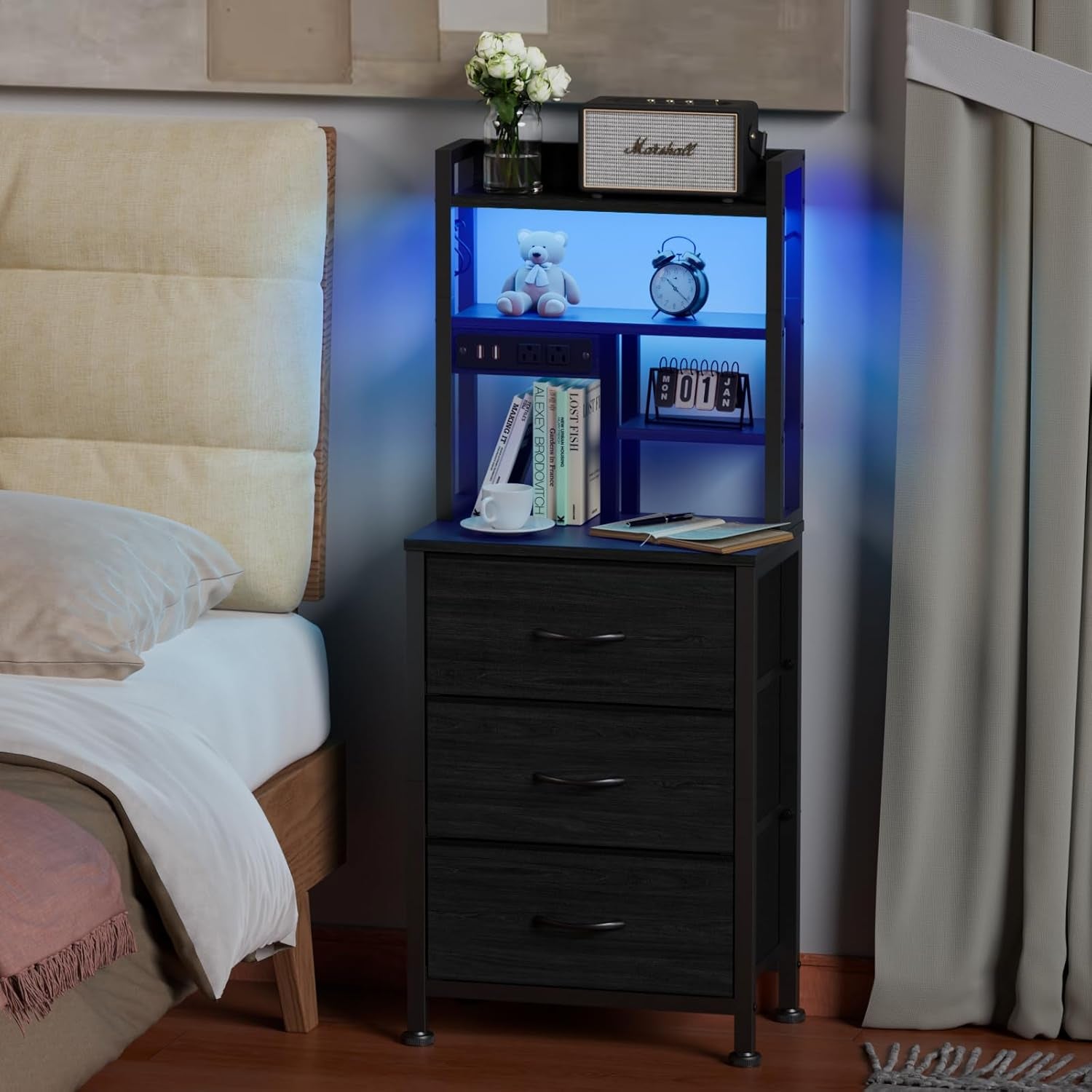 Tall Night Stand with 3 Fabric Drawers and LED Lights, Nightstand with Bookshelf, 45.3Inch Tall Bedside Tables with USB Ports in Bedroom, Dorm, Office,Metal Frame, Wood Shelves (Black Oak)
