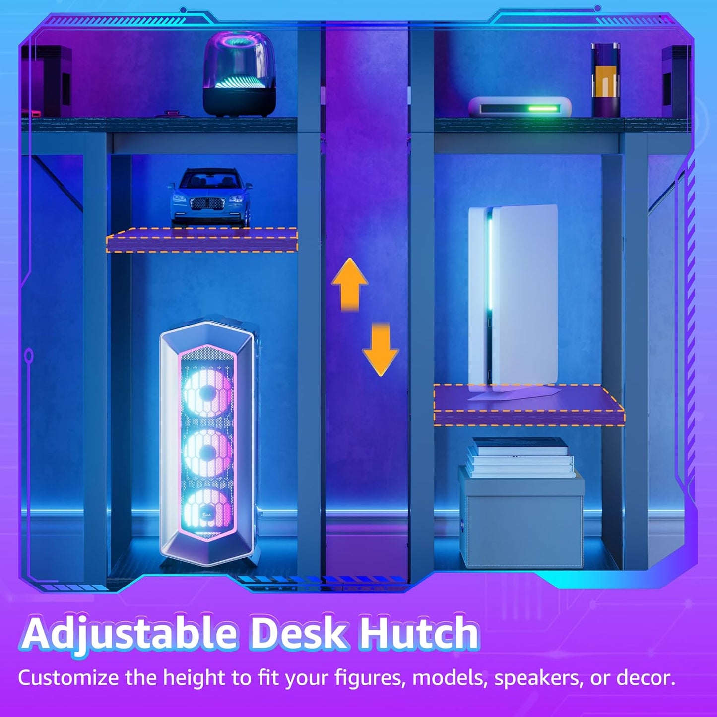 40 Inch Small Gaming Desk with Pegboard Shelves Computer Desks with Led Lights Power Outlets PC Monitor Stand Reversible Storage Shelf Table for Bedroom Small Space, Black