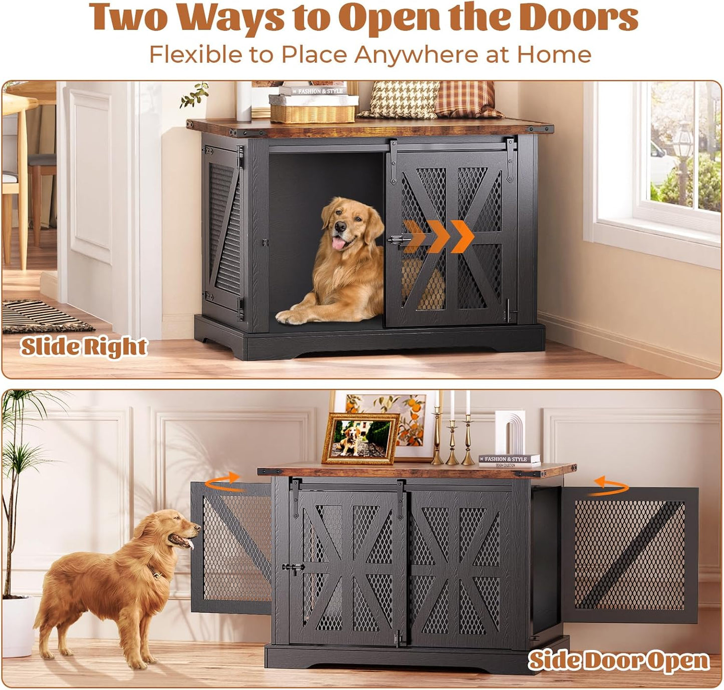 40" Farmhouse Dog Crate Furniture, Heavy Duty Dog Cage for Medium Large Dogs, Wood Dog Crate Dog Kennel Indoor with Double Doors, Chew Resistant End Table for Bedroom Living Room, Black