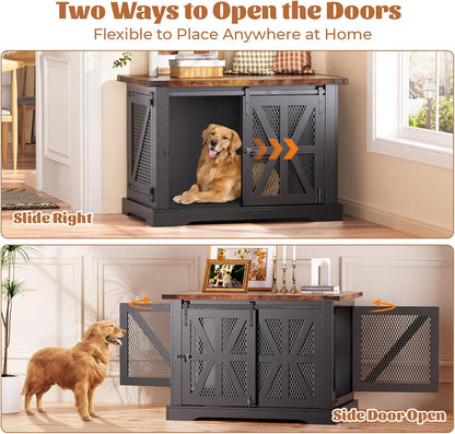 40" Farmhouse Dog Crate Furniture, Heavy Duty Dog Cage for Medium Large Dogs, Wood Dog Crate Dog Kennel Indoor with Double Doors, Chew Resistant End Table for Bedroom Living Room, Black