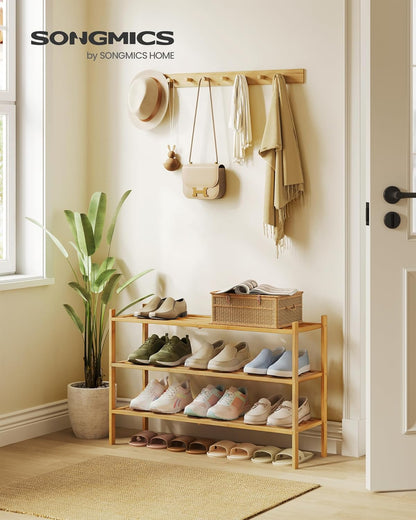 Bamboo Shoe Rack for Closet, Stackable Shoe Oragnizer with Modular Structure, Space-Saving Free Standing Shelf for Entryway Bedroom, 3-Tier, Holds 12-16 Pairs, Natural Color ULBS053YL01