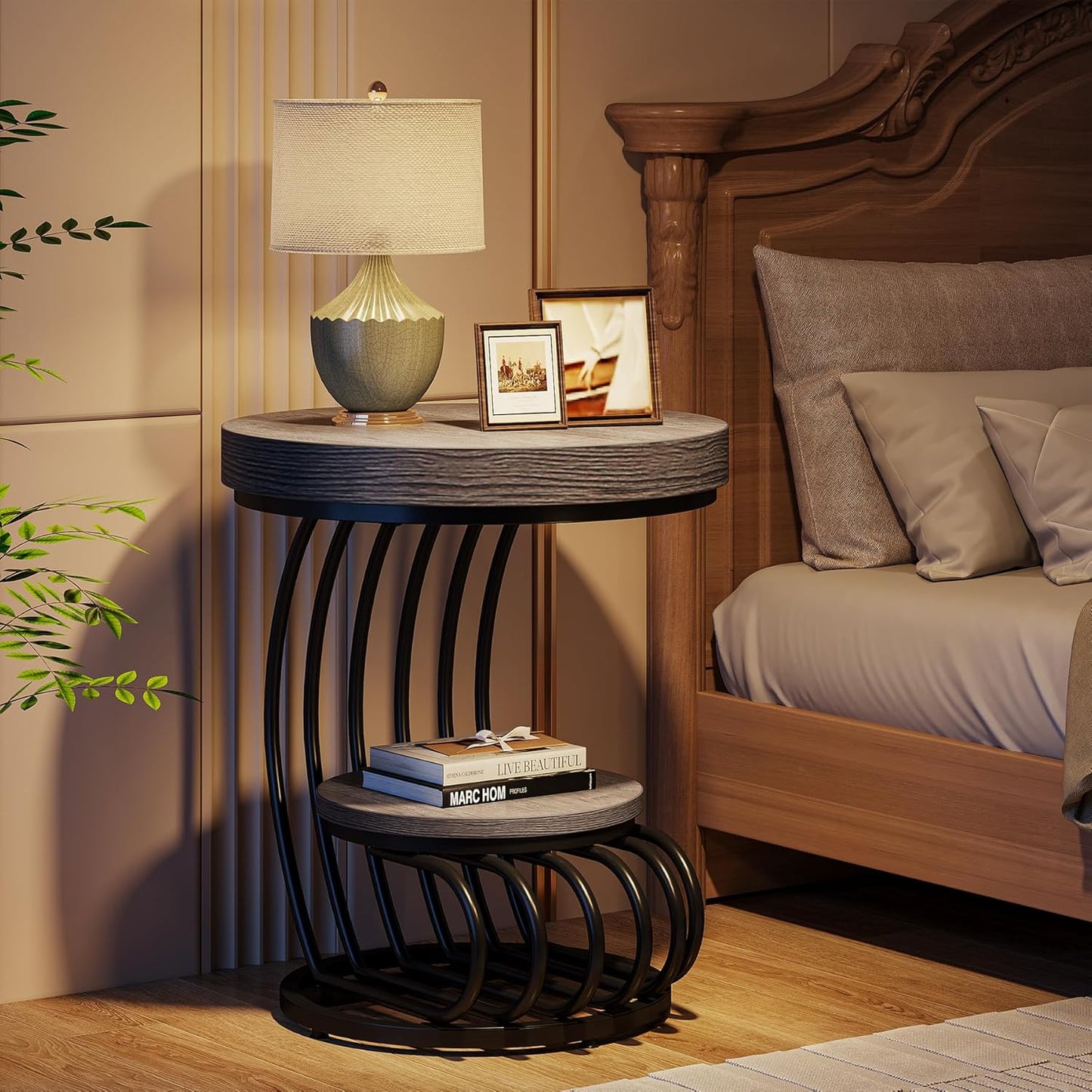 round End Table, 2-Tier Farmhose Wood Side Table with Shelf Storage, Small Sofa Side Bedside Nightstand, Arc-Shaped Frame Accent Furniture for Living Room, Grey