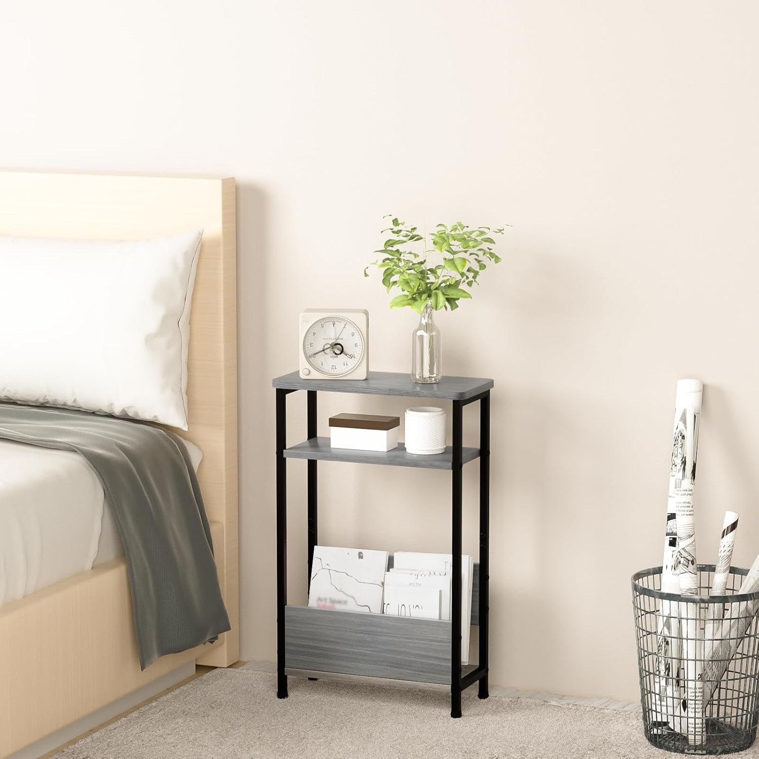 7.1" Narrow Side Table for Small Spaces, 3 Tier Small End Table with Magazine Holder, Slim/Skinny Nightstand/Bedside Table for Living Room, Bedroom, 15.4" L X 24.2" H, Gray