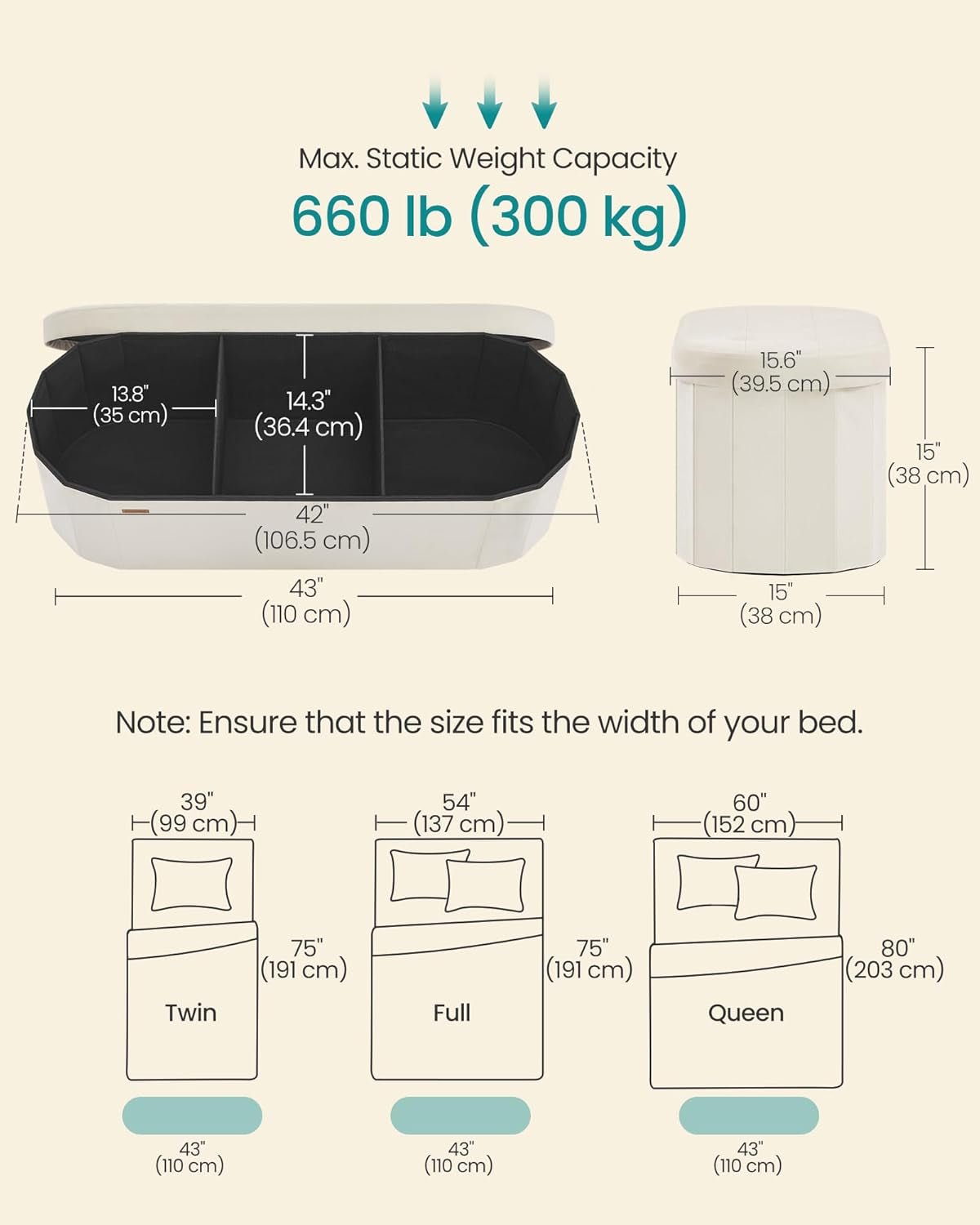 Mazie Collection - Folding Ottoman with Storage, Oval Storage Ottoman Bench, for Living Room, Bedroom, Velvet Fabric, 15 X 43 X 15 Inches, Cream White ULSF297LH01