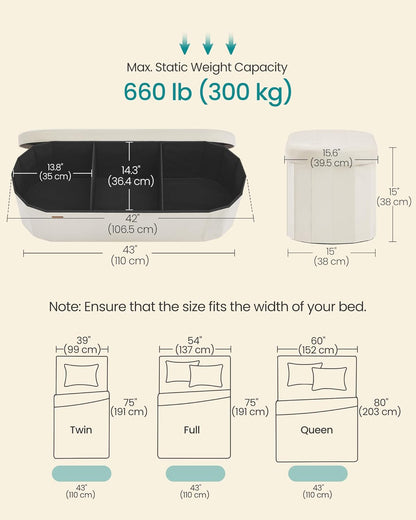 Mazie Collection - Folding Ottoman with Storage, Oval Storage Ottoman Bench, for Living Room, Bedroom, Velvet Fabric, 15 X 43 X 15 Inches, Cream White ULSF297LH01