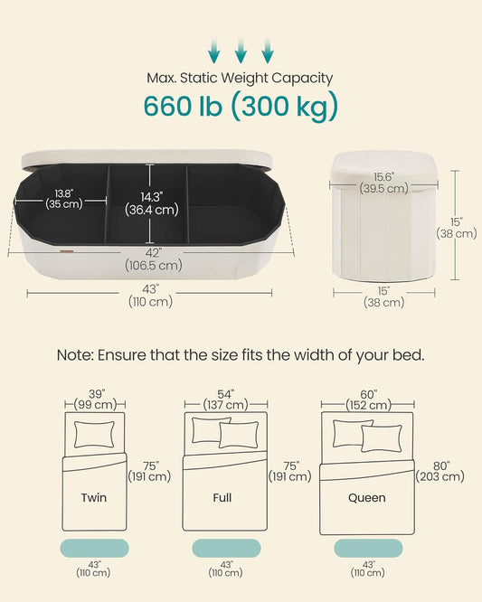 Mazie Collection - Folding Ottoman with Storage, Oval Storage Ottoman Bench, for Living Room, Bedroom, Velvet Fabric, 15 X 43 X 15 Inches, Cream White ULSF297LH01