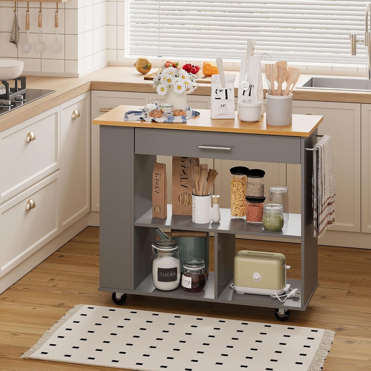Kitchen Island on Wheels with Storage, Wheeled Island & Cart with 3-Tier Spice Rack, 3 Open Shelves and 1 Drawer, Gray