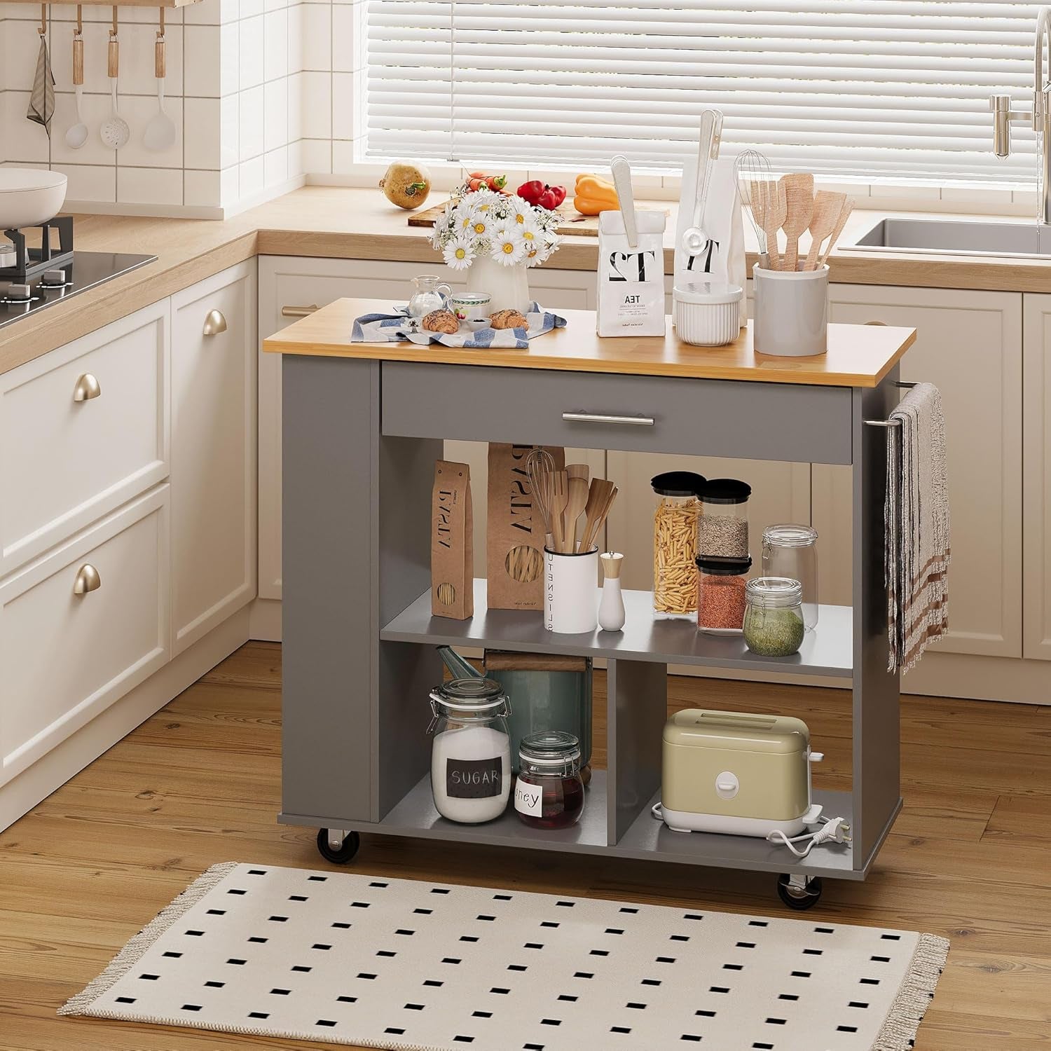 Kitchen Island on Wheels with Storage, Wheeled Island & Cart with 3-Tier Spice Rack, 3 Open Shelves and 1 Drawer, Gray