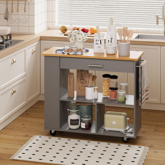 Kitchen Island on Wheels with Storage, Wheeled Island & Cart with 3-Tier Spice Rack, 3 Open Shelves and 1 Drawer, Gray