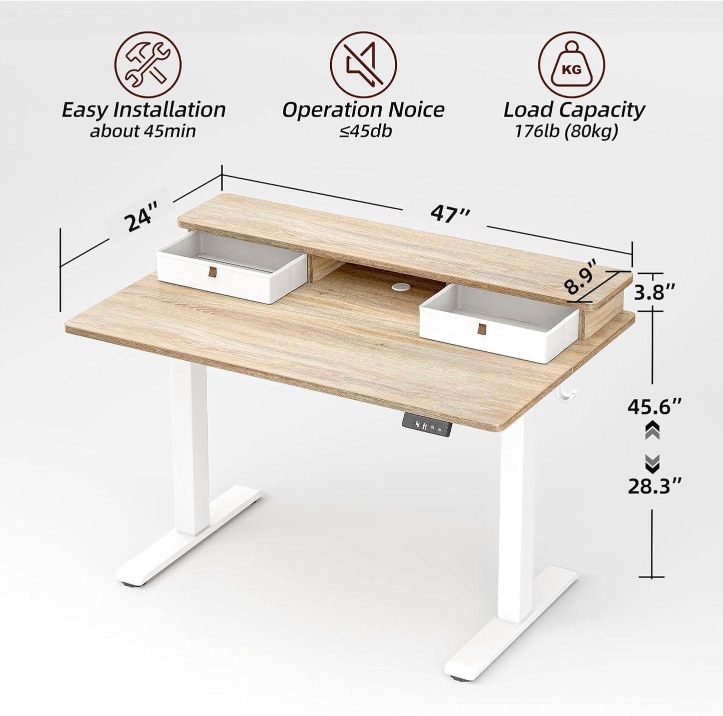 Standing Desk with Two Drawers, Stand up Standing Desk Adjustable Height, Electric Sit Stand Table with Storage Shelf and Splice Board, 48 * 24 Inch, Maple