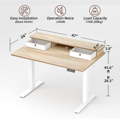 Standing Desk with Two Drawers, Stand up Standing Desk Adjustable Height, Electric Sit Stand Table with Storage Shelf and Splice Board, 48 * 24 Inch, Maple