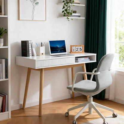 42" Wood Modern Office Desk with Drawer, Simple Writing Desk for Home, White