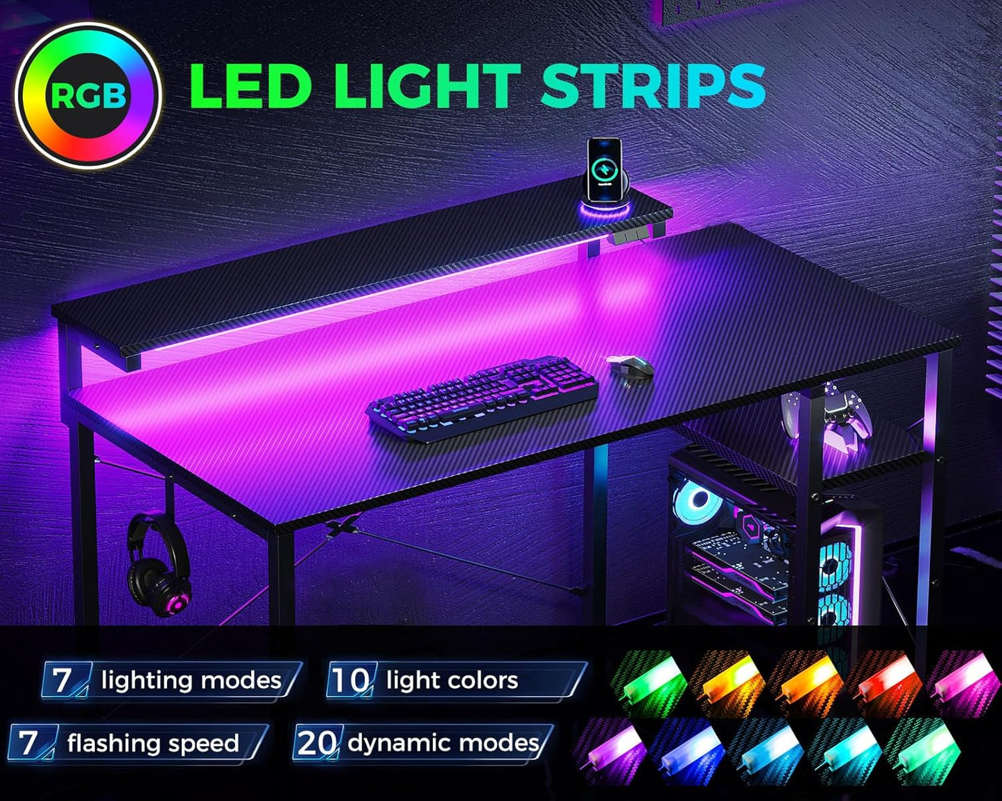 40 Inch Small Gaming Desk with Storage & Led Lights, Computer Desk with Shelf, Reversible Gamer Desk with Monitor Stand, Carbon Fiber Texture Black