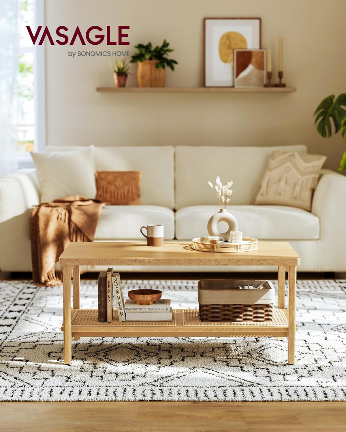 2-Tier Coffee Table for Living Room, Rectangular Living Room Table, with PVC Rattan Storage Shelf, Rounded Corners, Easy Assembly, Boho Style, 21.7 X 39.4 X 17.7 Inches, Oak Beige ULCT240Y57