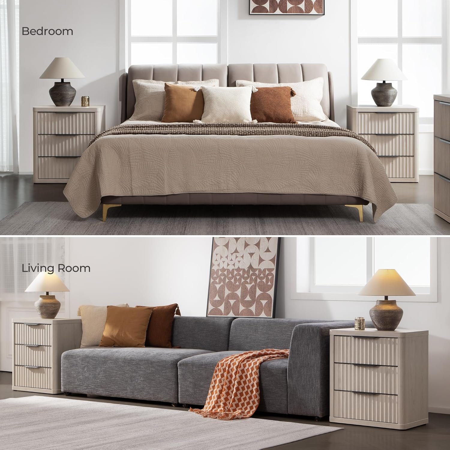 Night Stand Set of 2 Nightstands with 3 Drawers Storage Bedside Table Large Fluted Bed Side End Table Modern 25.6" Tall Wide Night Stands for Bedroom Living Room Sofa Couch Office, White Alder