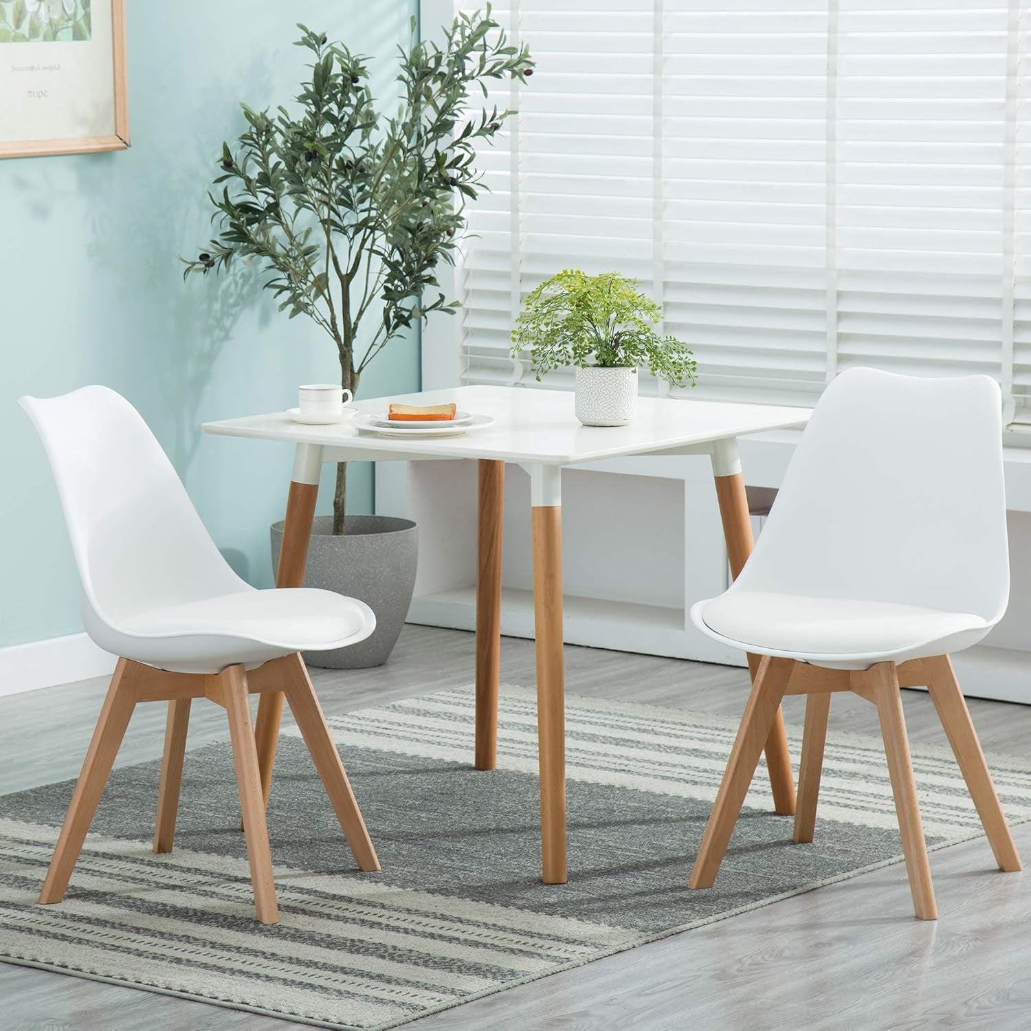Mid Century Modern Dining Chairs,Shell Lounge Plastic Side Chair with Soft Padded and Wooden Legs for Dining Room Living Room Bedroom Kitchen Set of 2 (White)