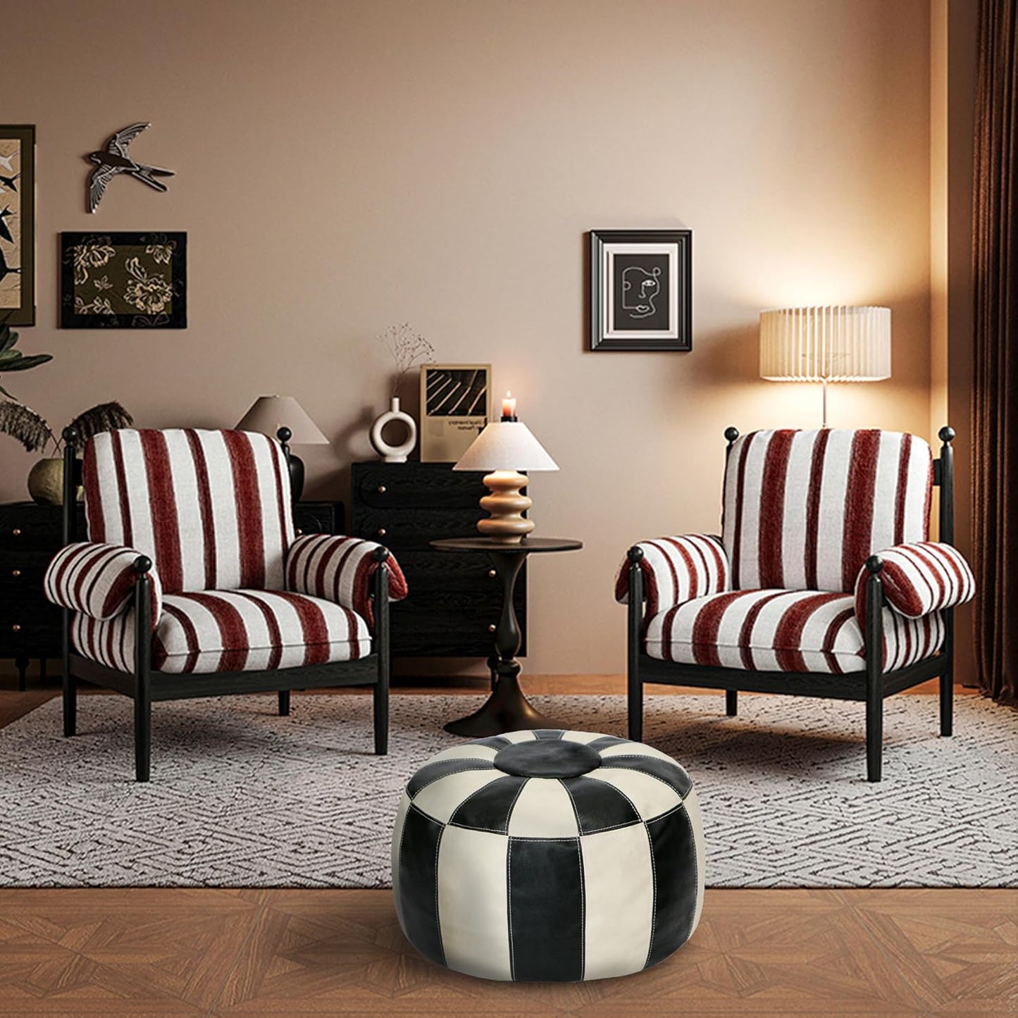 Unstuffed Moroccan Ottoman Pouf Cover, Ottoman Footstool Storage Solution, Bean Bag Chair, Foot Rest, Multi-Black&White