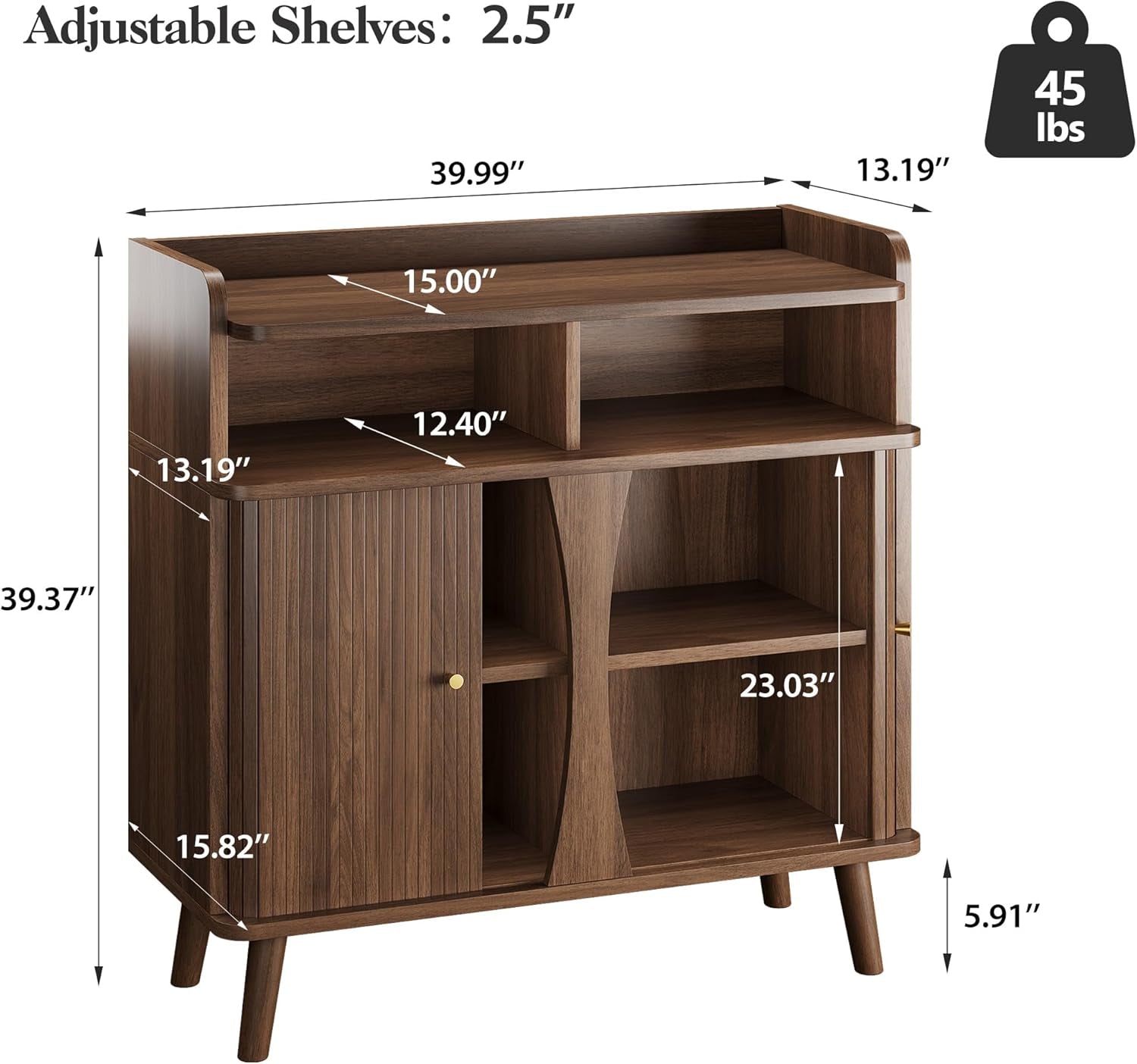 39" Buffet Sideboard Cabinet, Mid Century Modern Console Cabinet with Roller Shutter Sliding Doors & Adjustable Shelves for Kitchen Cabinets, Living Room, Entryway, Coffee Bar Cabinet (Walnut)