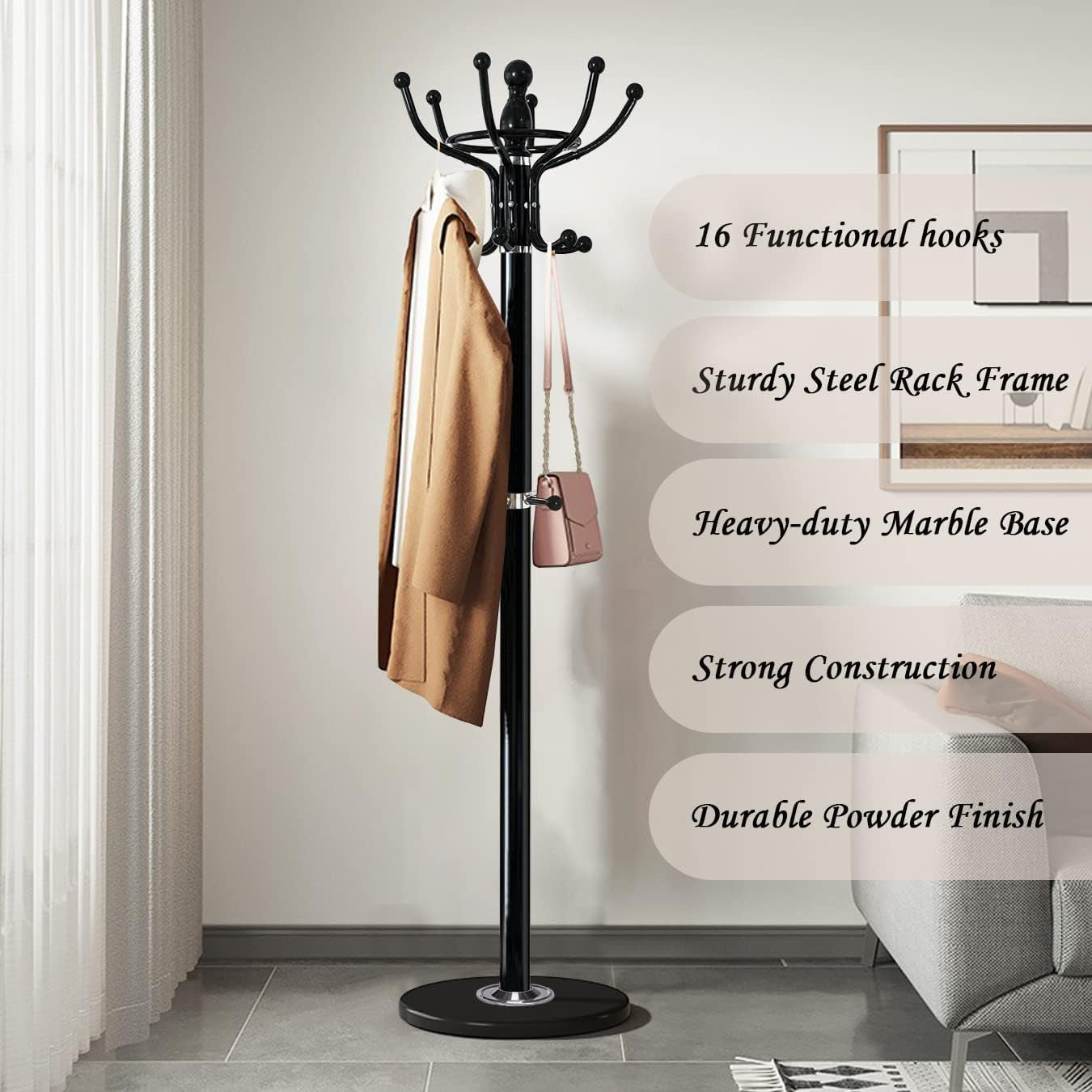 Freestanding Coat Rack with 16 Hooks & Marble Base - Heavy Duty Metal Hall Tree Stand for Entryway, Hats, Coats, Bags Rack- Modern Hanger Organizer for Home, Office, Dorm (16 Hooks -White)