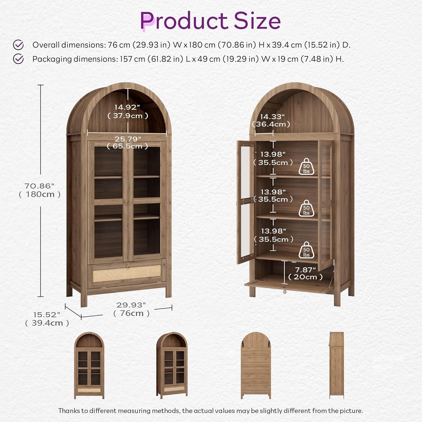 71" Tall Arched Pantry Cabinet with Innovative Drawer, Kitchen Cabinet with Anti-Tipping Device and Glass Door, Versatile Cupboard for Kitchen, Dining, Natrual