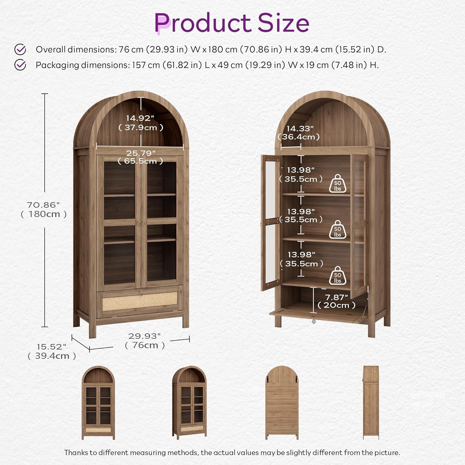 71" Tall Arched Pantry Cabinet with Innovative Drawer, Kitchen Cabinet with Anti-Tipping Device and Glass Door, Versatile Cupboard for Kitchen, Dining, Natrual