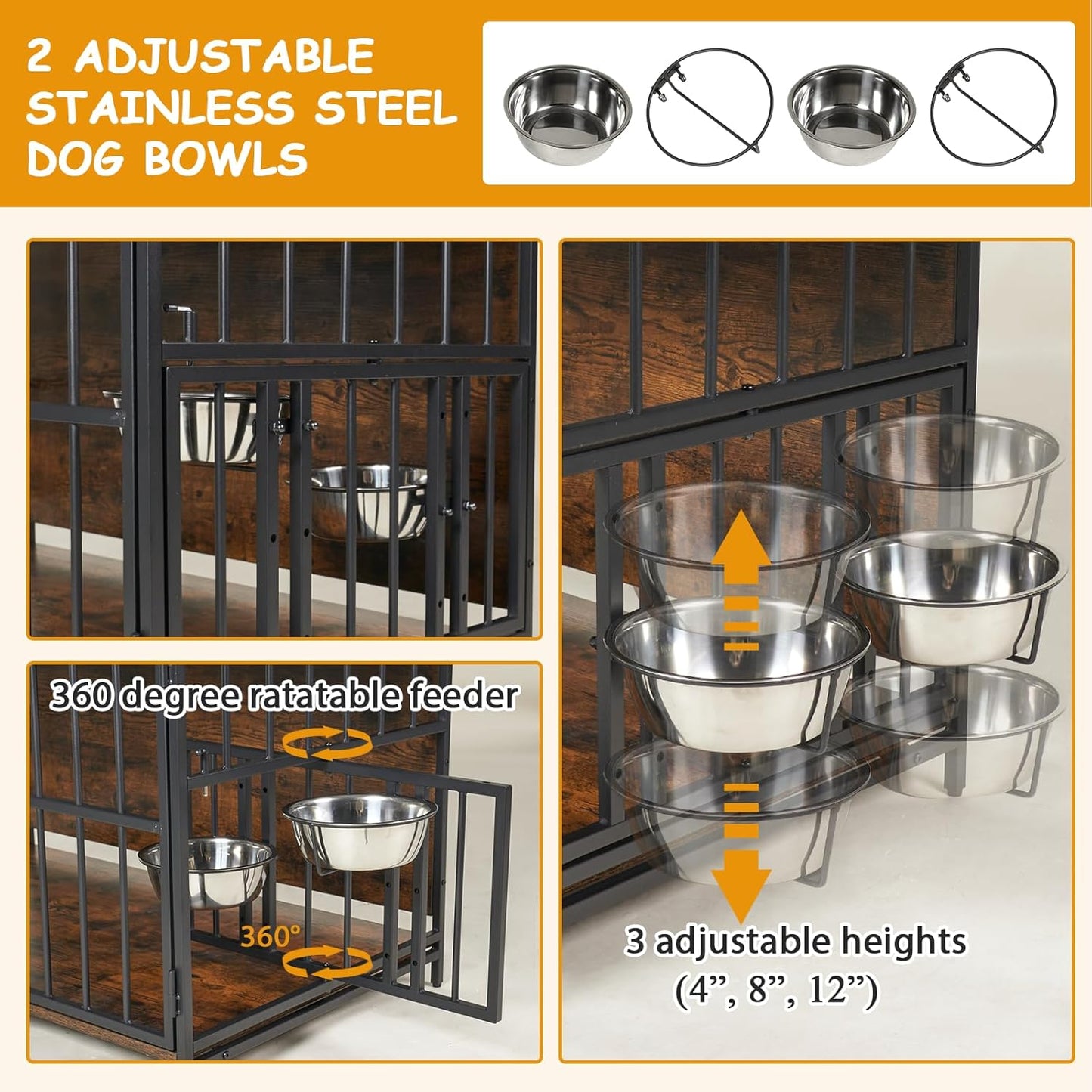 Heavy Duty Dog Crate Furniture -  40” Large Dog Kennel Furniture with Elevated Stainless Steel Bowls, Wooden Dog Crate with Storage, Brown Dog Crates for Small Medium Dogs