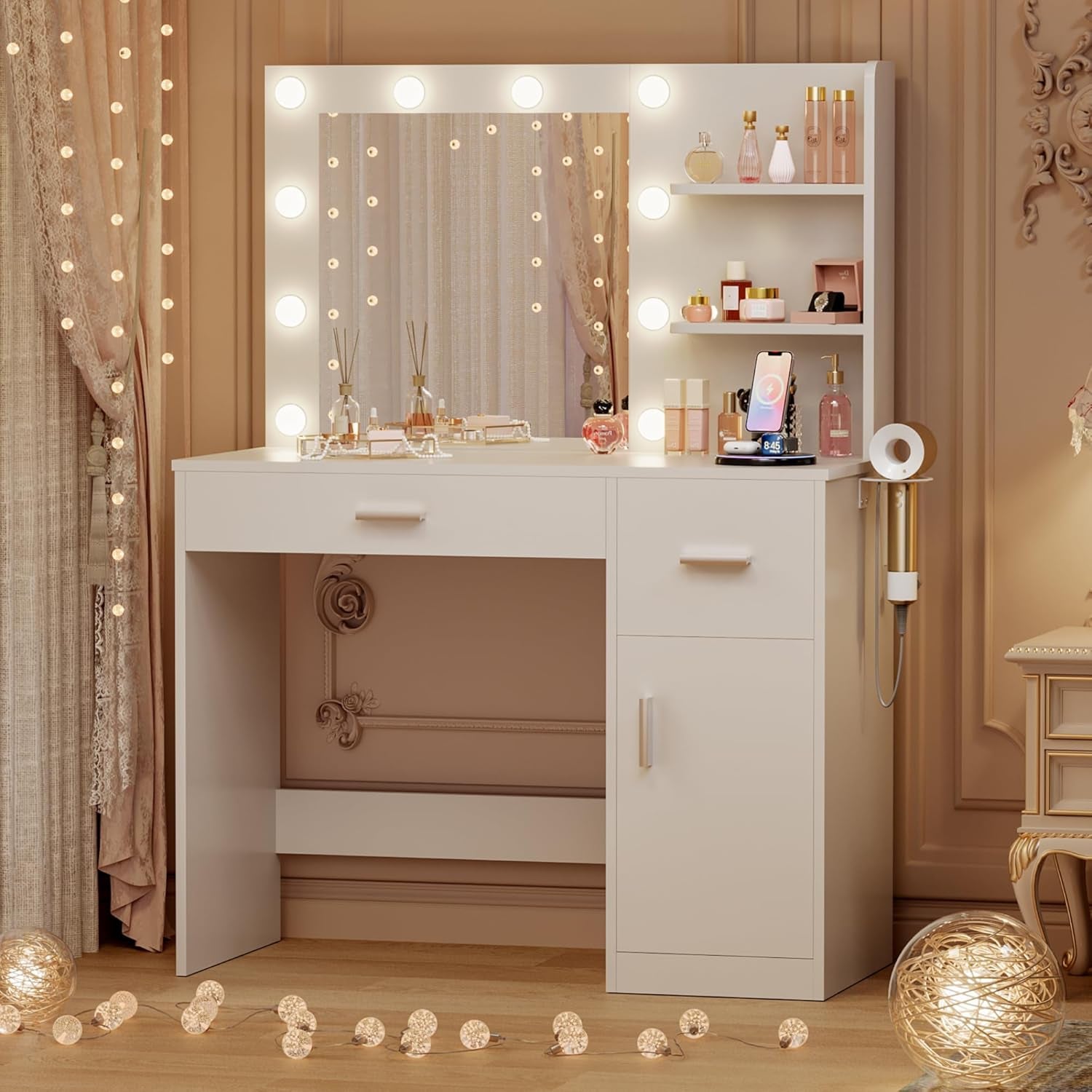 35.4" Vanity Desk with LED Mirror & Power Outlet, Makeup Vanity Table with 3 Open Storage Shelves, Drawers and Cabinet, 3 Model Adjustable Lights for Bedroom & Dressing Room (White)