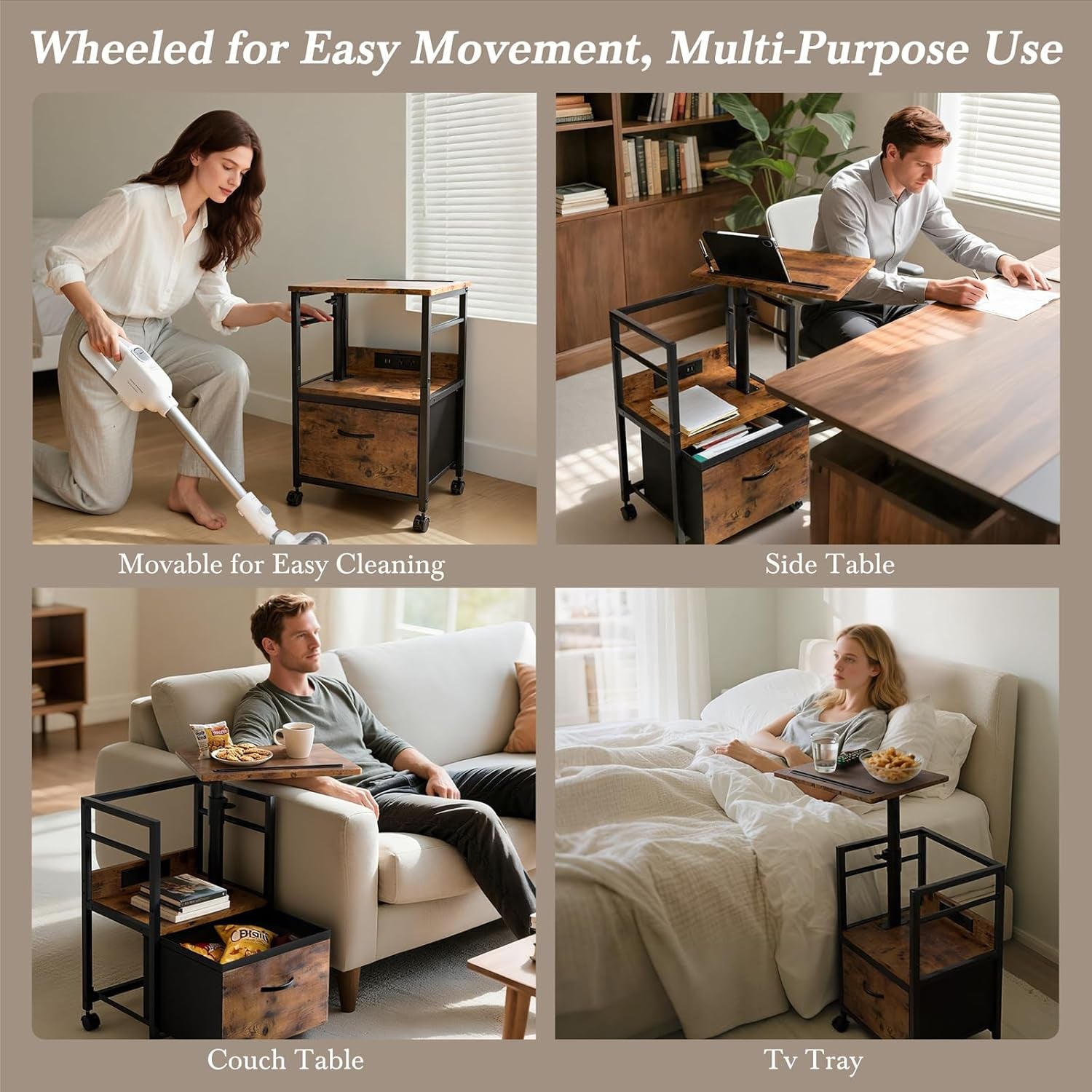 Swivel Lift Top Nightstand with Charging Station, 2-Tier 360° Adjustable Bedside Table, Rolling Night Stand with Wheels, Small End Table with Fabric Drawer, for Bedroom, Living Room, Rustic Brown