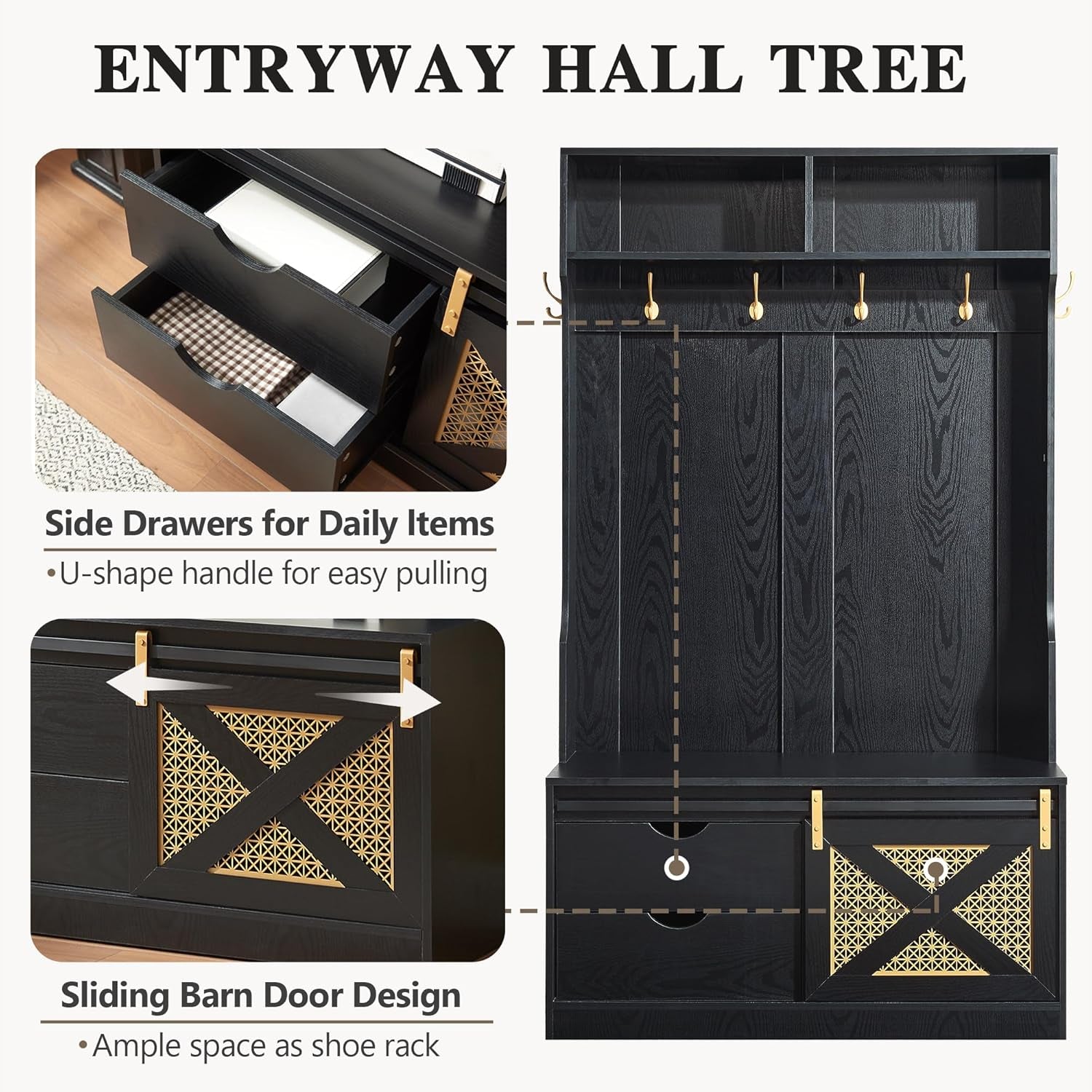 71" H Entryway Hall Tree with Coat Rack and Storage Bench, Coat Tree with Hooks for Entryway, Hallway, Living Room, Mudroom Black
