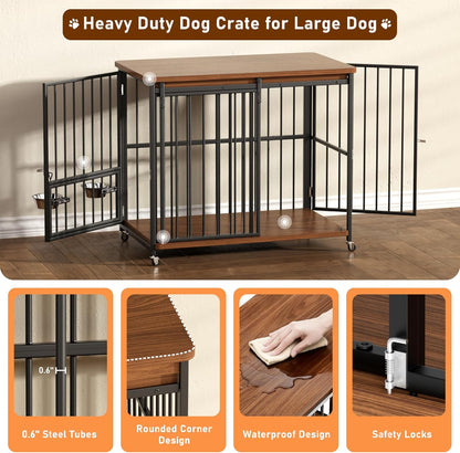 Dog Crate Furniture, 41’’ Wooden Dog Kennel Indoor with Sliding Front Door, Multi-Side Openings & Feeding Window Pet Cage House as TV Stand, End Table