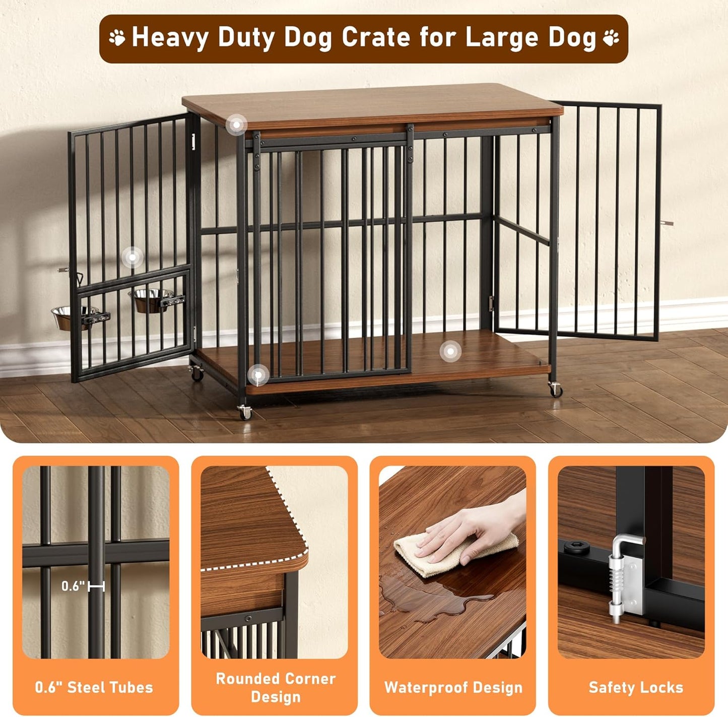 Dog Crate Furniture, 32’’ Wooden Dog Kennel Indoor with Sliding Front Door, Multi-Side Openings & Feeding Window Pet Cage House as TV Stand, End Table for Medium Dogs