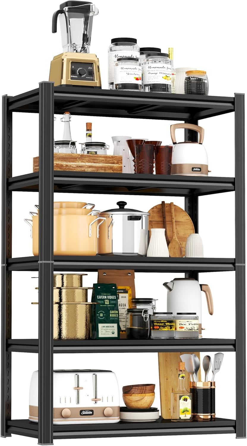 77.4" H Kitchen Shelving, Kitchen Storage Organization Metal Shelves Loads 2000LBS, Pantry Shelving Unit, 5-Tier Racks for Storage, Coffee Machine Storage Shelf Stand, Black
