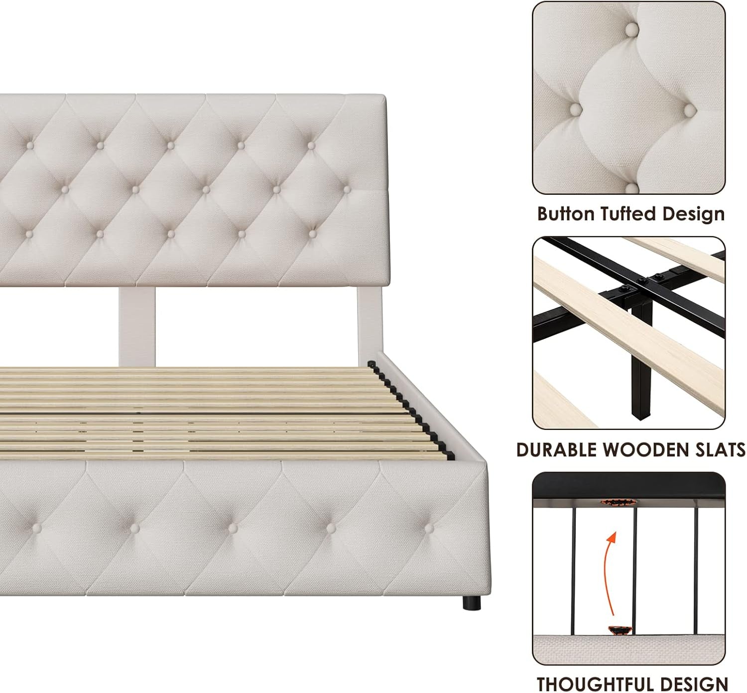 Queen Bed Frame with 4 Storage Drawers and Adjustable Headboard, Upholstered Platform Bed with Button Tufted Design, Strong Wooden Slats Support, No Box Spring Needed, Fabric, Cream