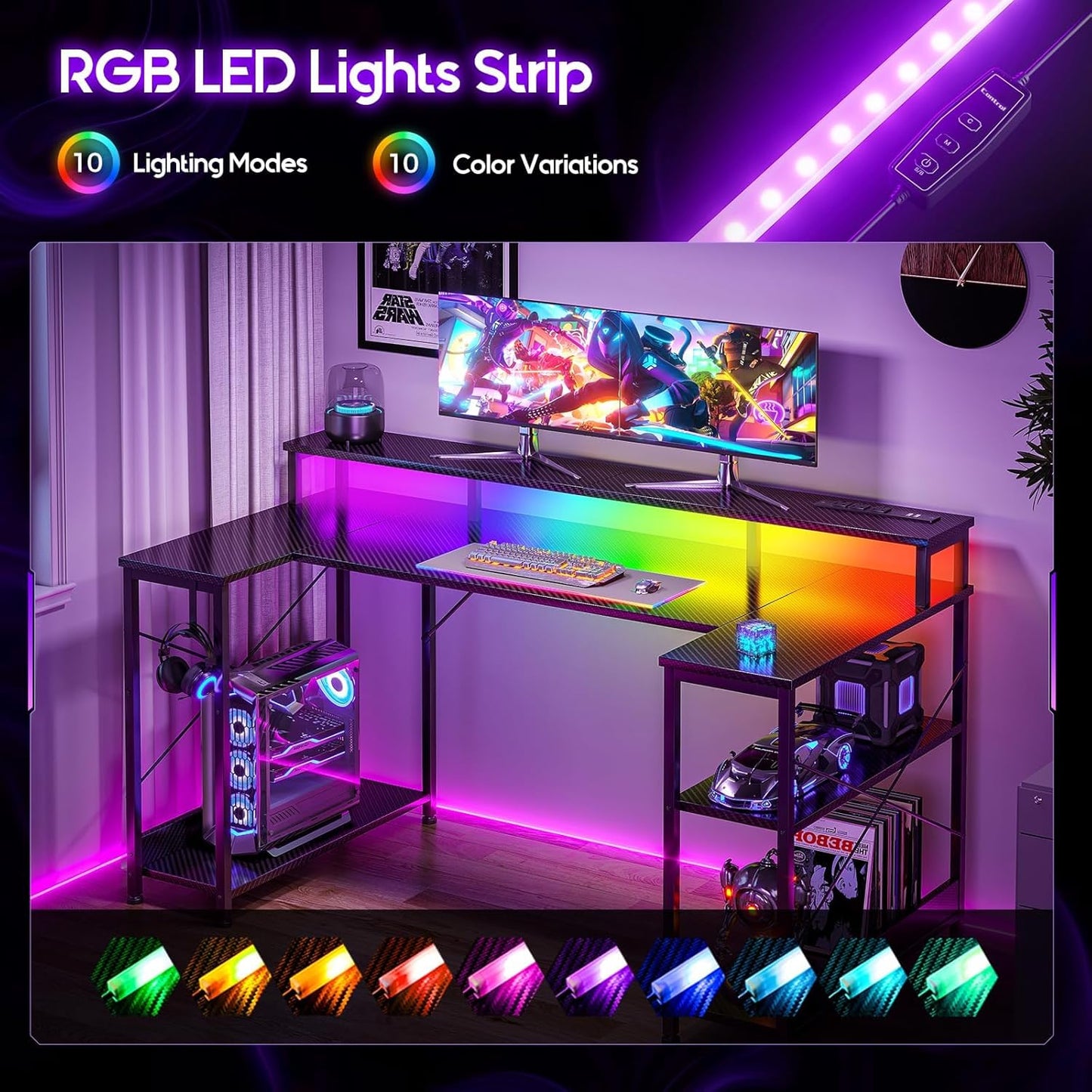 48 Inch Gaming Desk with LED Lights and Power Outlet, U-Shaped Computer Desk with Monitor Stand and Storage Shelves, PC Gamer Table for Home Office, Carbon Fiber Black