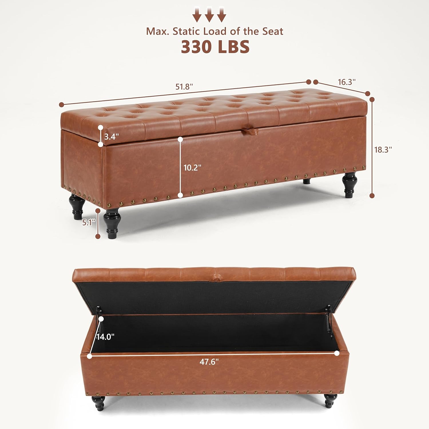 51.8’’ Storage Ottoman Bench, Faux Leather Ottoman with Storages, Window Benches Holds up to 330Lbs, Upholstered Storage Bench for Bedroom, Living Room, Entryway and Family Room, Light Gray
