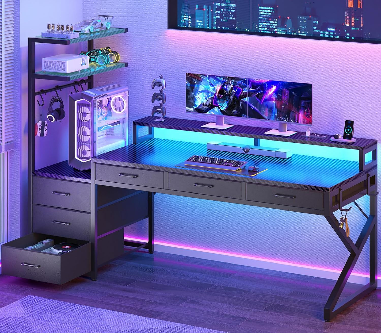 55" Gaming Desk with 6 Drawers, Corner Gaming Desk with Storage & LED Lights, Reversible PC Desk with Power Outlet, Corner Computer Desk with Hutch, Monitor Stand, Side Hook, Carbon Fiber Black