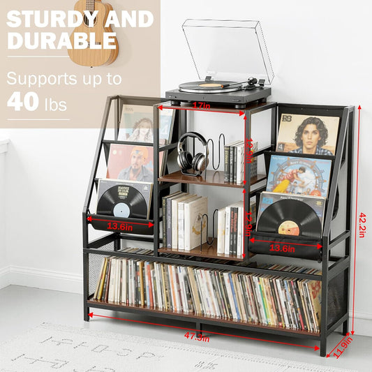 Large Record Player Stand, Record Holder with Vinyl Record Storage Holds up to 500+ Albums, Media Table with Vinyl Display Shelf & Turntable Stand for Living Room, Bedroom