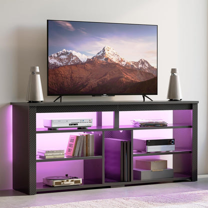 LED Tall TV Stand, Entertainment Center for 55/60/65 Inch TV, Gaming TV Console with Storage for PS4, Adjustable Shelf TV Cabinet for Living Room Bedroom, Carbon Fiber Black