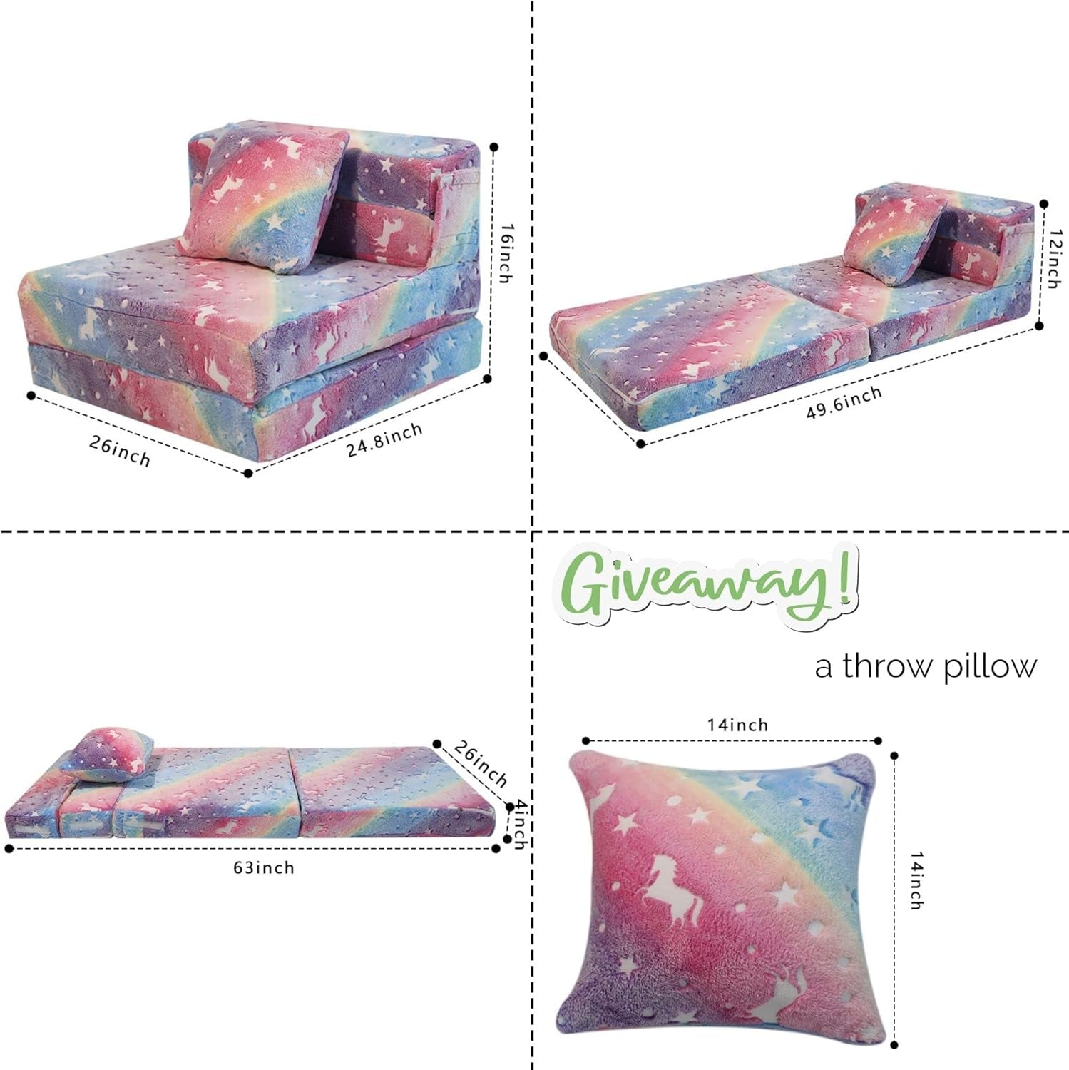 Glow Rainbow Unicorn Tri-Fold Sofa Bed for Kids, Foldable Futon Mattress, Chair, and Floor Couch for Playroom