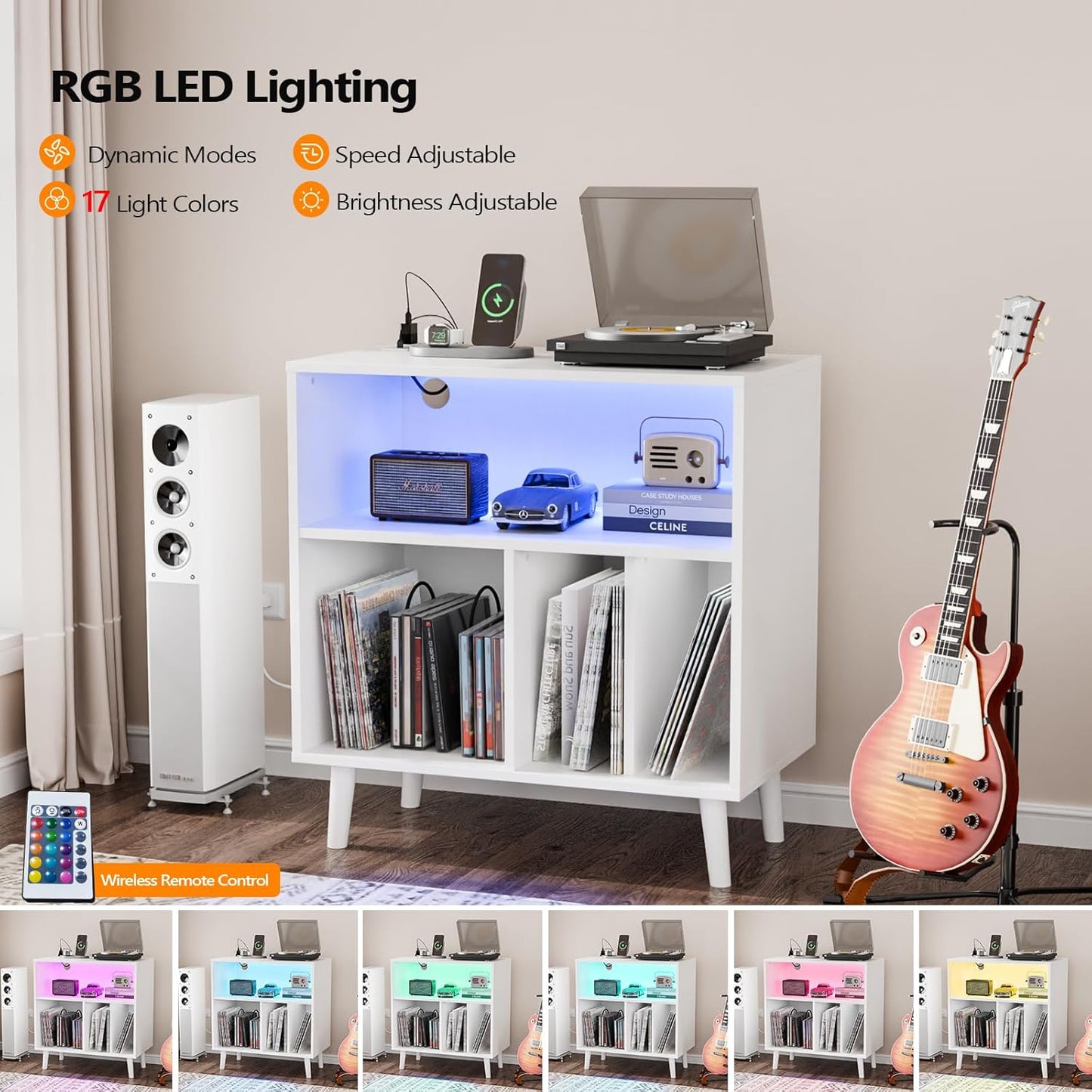 Record Player Stand with Open Vinyl Storage, Mid-Century Album Storage Table with LED Light up to 300 Albums, Vinyl Record Player Shelf with Power Outlet for Living Room, White