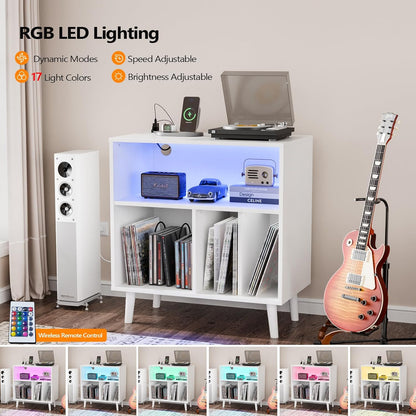 Record Player Stand with Open Vinyl Storage, Mid-Century Album Storage Table with LED Light up to 300 Albums, Vinyl Record Player Shelf with Power Outlet for Living Room, White